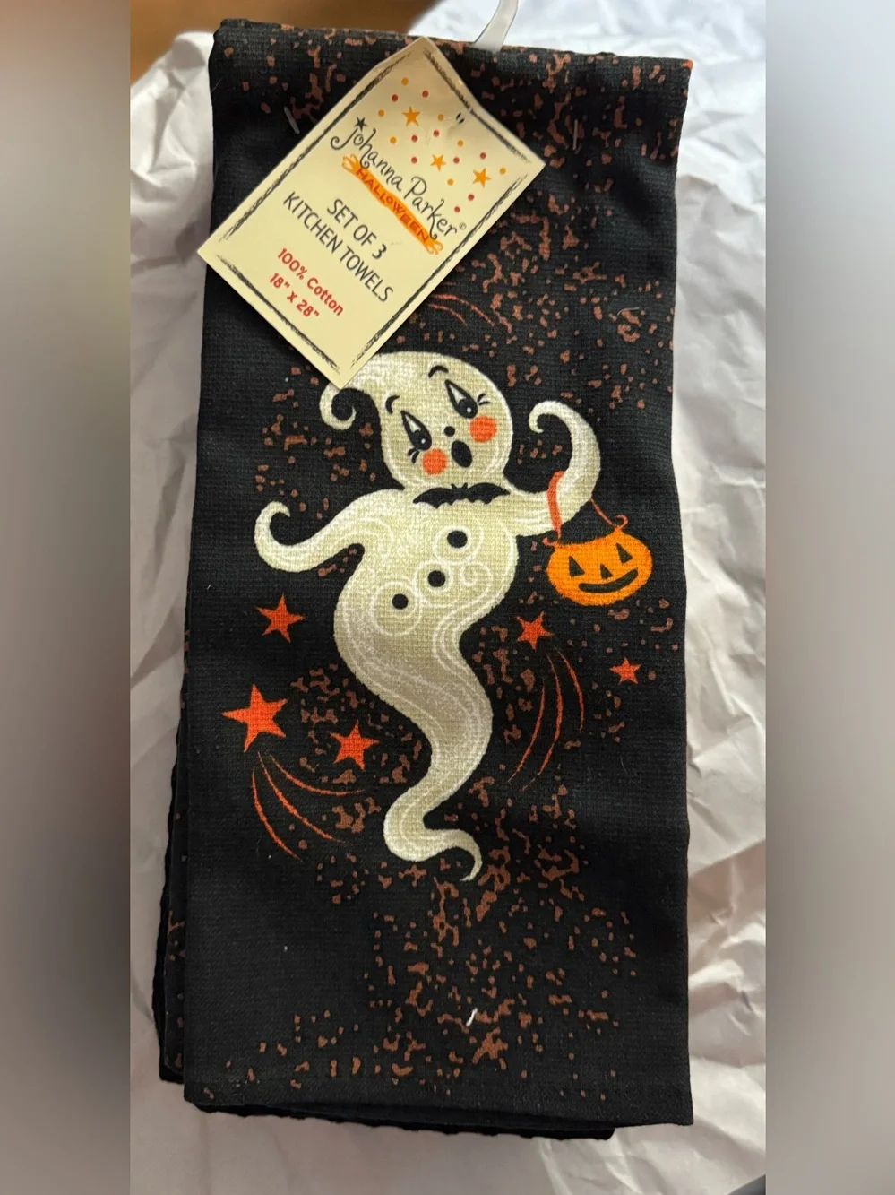 Johanna Parker Halloween Ghost Cotton Kitchen Towel - Black & Orange